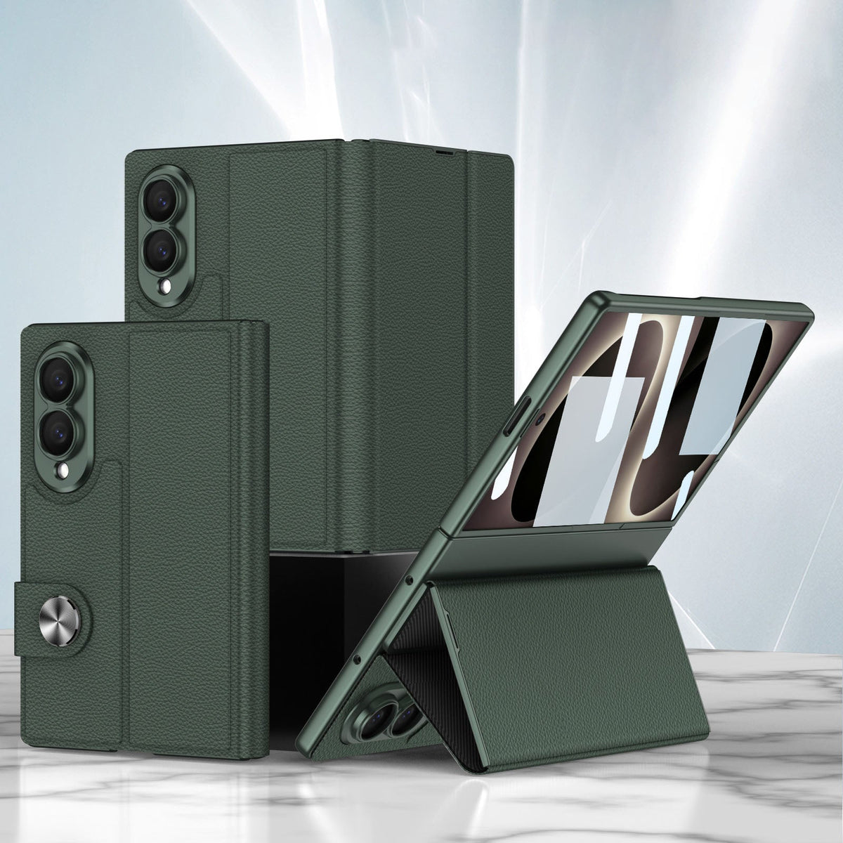 Premium Leather Fold8 Case Tempered Glass Hidden Kickstand