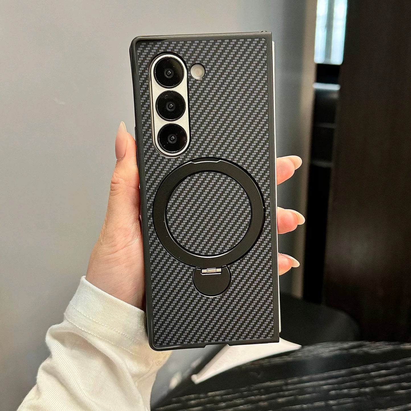 Carbon Fiber Magnetic Armor Case with 360° Ring Holder & Drop Protection