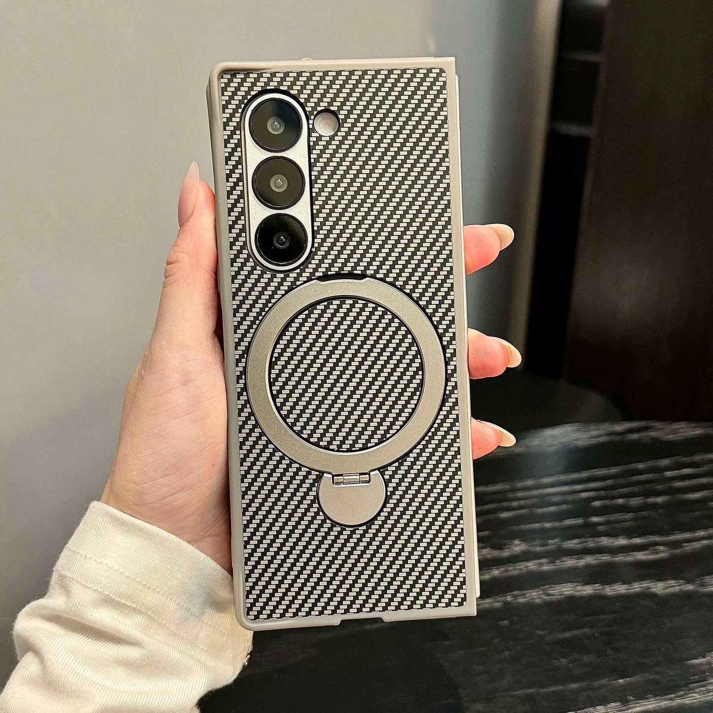 Carbon Fiber Magnetic Armor Case with 360° Ring Holder & Drop Protection