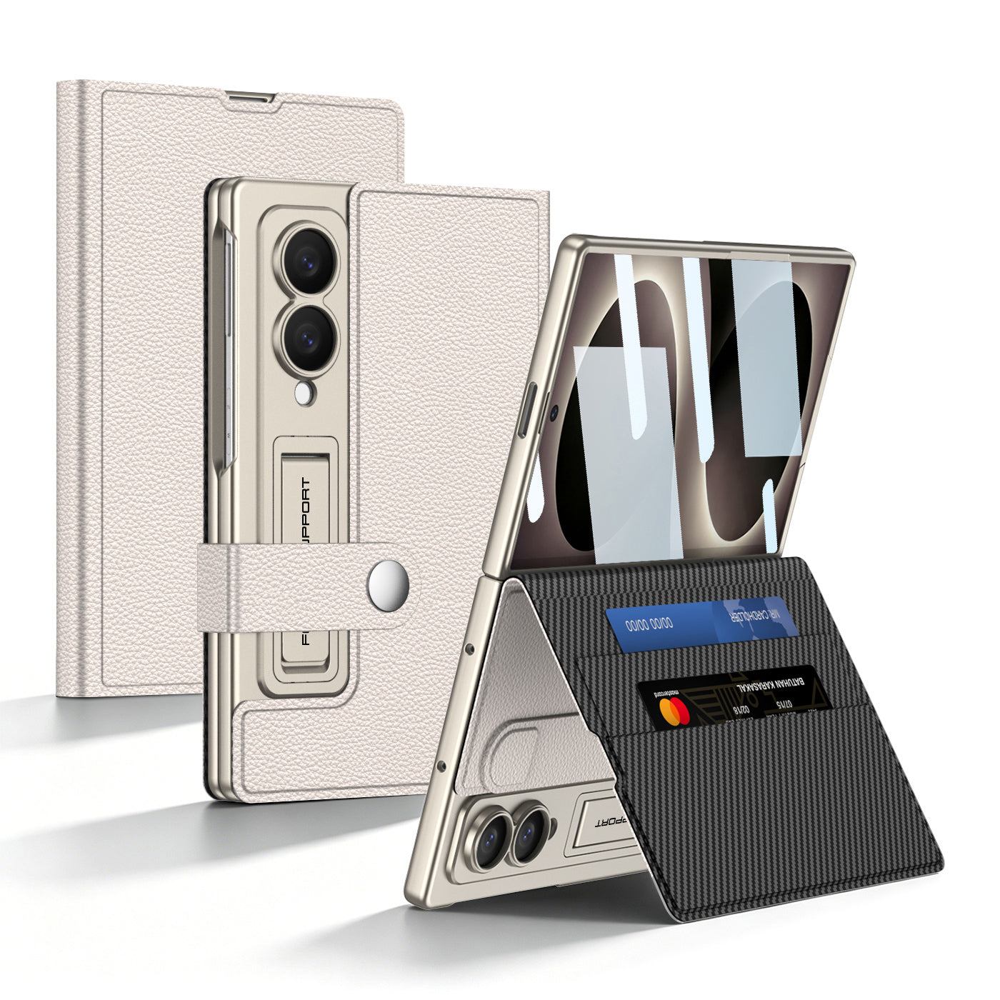 Luxury Leather Galaxy Z Fold 8/7/6 Ultra Phone Case with Built-In Tempered Glass & Kickstand