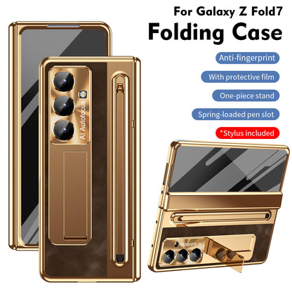 Leather Golden Electroplated Phone Case With Back Screen Glass and Stylus For Galaxy Z Fold 8/7/6/5/4